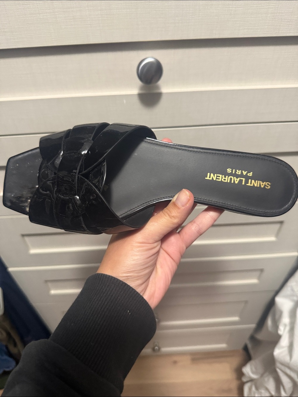 Saint Laurent Black Patent Knotted Slide Sandals